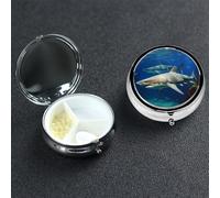Two White Sharks Pill Box 3 Compartment Pill Case for Purse or Pocket Small Medicine Organizer with Mirror Travel Pillbox Decorative Metal Vitamin Container Unique Gift