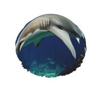 Two White Sharks Shower Cap for Women Men Large Reusable Shower Bonnet Double-Layer Waterproof Bath Caps Elastic Band Hair Hat for All Hairstyles, Travel-Friendly Color650