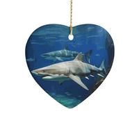 Two White SharksChristmas Tree Heart Ornaments Rustic Ceramic Xmas Tree Penadnt with Hanging String Vintage Double-Sided Holiday Party Ornaments for Xmas Gifts