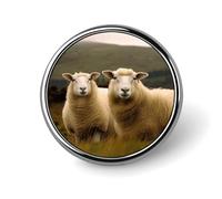Two White Sheep Badges Circle with Button Design, Personalized Picture Pin Brooches, Round Badge Holders for Decorate Hat Shirt Clothing Bag Accessories