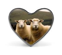 Two White Sheep Badges Heart with Button Design, Personalized Picture Pin Brooches, Heart Badge Holders for Decorate Hat Shirt Clothing Bag Accessories
