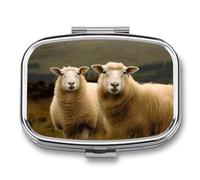 Two White Sheep Pill Box Square Metal Small Pill Case with 2 Compartment Portable Travel Pill Organizer for Vitamins, Medication, Fish Oil