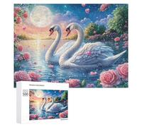 Two White Swans Among Rose Petals Under Moon 500 Piece Jigsaw Puzzle for Family Living Room Activity Teamwork Skill Gift for Family Time 500 PCS