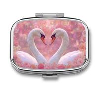 Two White Swans Heart Shape Pink Roses Pill Box 2 Compartment Portable Medicine Pill Case Travel Pill Organizer for Pocket Purse