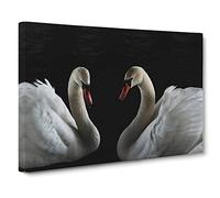 Two White Swans No.2 Canvas Print | Gallery Wrapped 30mm Frame Wall Art | 20x14 inches | Ready to Hang | Modern Bird Picture | Living Room Bedroom Lounge Office