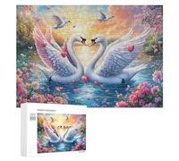 Two White Swans with Pink Wings And Red Hearts 300 Piece Jigsaw Puzzle for Seniors Home Leisure Puzzle Thinking Practice Gift for Comfort 300 PCS
