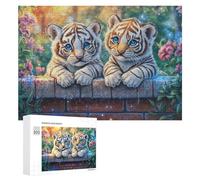 Two White Tiger Cubs on Brick Wall with Flowers 300 Piece Jigsaw Puzzle for Adults Home Entertainment Mind Relaxation Gift for Weekend 300 PCS
