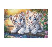Two White Tiger Cubs on Rock at Water's Edge 1000 Piece Jigsaw Puzzle for Adults Teens Gaming Break Activity Mental Reset Colourful Design Great Gift for Gamers 1000 PCS