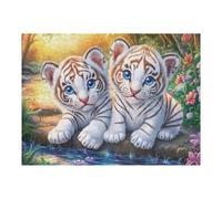 Two White Tiger Cubs on Rock at Water's Edge 500 Piece Jigsaw Puzzle for Adults Jigsaw Family Camping Activity Vibrant Whimsical Design Great Gift for Outdoor Lovers 500 PCS