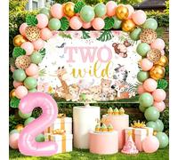 Two Wild Birthday Decorations Girl Pink Safari 2nd Party Decorations | Two Wild Backdrop and Pink Sage Green Balloon Arch Forest Animal Number 2 Balloons for Jungle Theme 2 Years Old Birthday