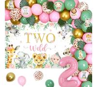 Two Wild Birthday Decorations, Pink Safari 2nd Party Decorations Two Wild Backdrop and Pink Sage Green Balloon Arch Forest Animal Pink Number 2 Balloons for Jungle Theme Two Years Old Birthday