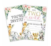 Two Wild Birthday Party Invitation, 2Nd Jungle Animals Invite Cards（20 Count) With Envelopes, Floral Fill In Style Invite Cards For Boys, Girls, Kids, Birthday Party Supplies-A50