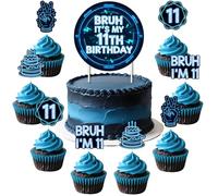 TWO WILD Bruh It’s My 11th Birthday Cake Topper And Cupcake Toppers Set 25pcs Bruh I’m 11 Party Decorations Blue Black 11th Birthday Decor For Boys Gamer Style Celebration Supplies