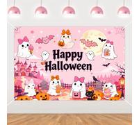 TWO WILD Halloween Bows and Pumpkins Backdrop Pink Orange Cute Ghost Bow Party Background Cloth 4.9 x 3.3 ft Wall Decor for Girls Halloween Themed Party Dessert Table Photo Booth Setup