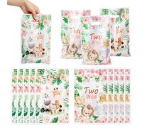 Two Wild Party Favor Bags - 50Pcs Jungle Safari Animals Goody Candy Treat Gifts Bags, Jungle Safari Themed Party Decorations for Kids Girls Boys Birthday Baby Shower Animal Theme Events Supplies