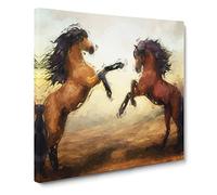 Two Wild Stallion Horses Canvas Print | Gallery Wrapped 30mm Frame Wall Art | 14x14 inches | Ready to Hang | Modern Animals Picture | Living Room Bedroom Lounge Office