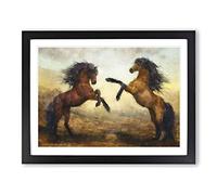Two Wild Stallion Horses Painting Modern Art Framed Print | A4 Black Framed Wall Art | Ready to Hang | Modern Animal Picture | Living Room Bedroom Lounge Office