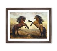 Two Wild Stallion Horses Painting Modern Art Framed Print | A4 Walnut Framed Wall Art | Ready to Hang | Modern Animal Picture | Living Room Bedroom Lounge Office