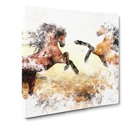 Two Wild Stallion Horses Watercolour Canvas Print | Gallery Wrapped 30mm Frame Wall Art | 20x20 inches | Ready to Hang | Modern Animals Picture | Living Room Bedroom Lounge Office