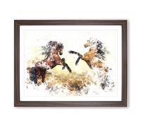 Two Wild Stallion Horses Watercolour Modern Framed Print | A4 Walnut Framed Wall Art | Ready to Hang | Modern Animal Picture | Living Room Bedroom Lounge Office