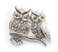 'Two Wise Owls' Clear Crystal Brooch