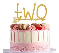TWO With Arrow Cake Topper - Gold Glitter 2nd Birthday Cake Topper, Baby Two Theme Birthday Party Supplies, Single-side Gold Glitter Two With Arrow Cake Decoration, 2 Anniversary Party Decoration