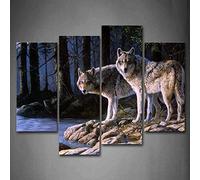 Two Wolf Stand On River Bank Forest Wall Art Painting Wolves Pictures Print On Canvas Animal The Picture For Home Modern Decoration