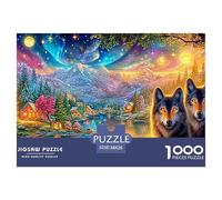 Two Wolves by A River; Glowing Sky, Lit Village And Swans 1000 Piece Jigsaw Puzzle Enchanted Spirit Wolf - Classic Jigsaw Puzzles for Kids & Adults 38x26cm/1000pcs