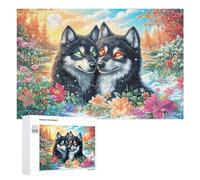Two Wolves in Colorful Flowers with Full Moon 1000 Piece Jigsaw Puzzle for Teens 14+ Indoor Educational Game Reasoning Practice Gift for Study 1000 PCS