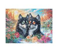 Two Wolves in Colorful Flowers with Full Moon 500 Pieces Jigsaw Puzzles For Men Educational Decompression Adults Anxiety Memory Care Mothers Valentines Gift Eco Friendly Material 500 PCS