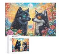 Two Wolves in Flowers with Two Moons 1000 Piece Jigsaw Puzzle for Adults Home Puzzle Play Mental Endurance Gift for Long Evenings 1000 PCS