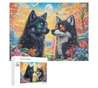 Two Wolves in Flowers with Two Moons 500 Piece Jigsaw Puzzle for Adults Office Desk Break Mental Focus Gift for Workday 500 PCS