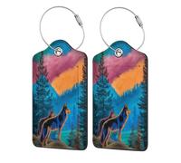 Two Wolves in The Forest Luggage Tag | 2 Pack Leather Suitcase Tag With Privacy Flap Name Id Label And Metal Loop