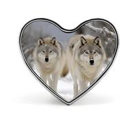 Two Wolves Walking in The Snow Badges Heart with Button Design, Personalized Picture Pin Brooches, Heart Badge Holders for Decorate Hat Shirt Clothing Bag Accessories