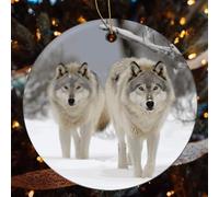 Two Wolves Walking in The Snow Ceramic Christmas Ornaments - 4 Pcs Rustic Round Xma Tree Decor with Hanging String, Personalized Vintage Double-Sided Holiday Party Decorations for Xmas Gifts