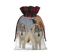 two wolves walking in the snow Christmas Drawstring Gift Bags with Tags, Buffalo Plaid Xmas Gift Bags Reusable Gift Wrapping Bag Christmas Fabric Goody Gift Sacks for Party Presents Decorations
