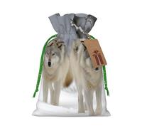 Two Wolves Walking in the Snow Christmas Drawstring Gift Bags with Tags, Christmas Gift Bags with Green Christmas Ribbon, Reusable Fabric Gift Bag, Gift Bags