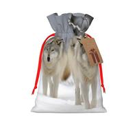 two wolves walking in the snow Christmas Gift Bags with Tags & Ribbon Ties, Personalized Santa Sack Xmas Treat Pouch Party Favor Bags Drawstring Christmas Sacks for Holiday Presents Storage Small