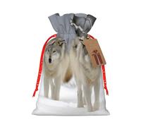 two wolves walking in the snow Christmas Gift Bags with Tags & Ribbon Ties, Personalized Santa Sack Xmas Treat Pouch Party Favor Bags Drawstring Christmas Sacks for Holiday Presents Storage Small
