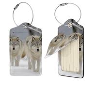 Two Wolves Walking in The Snow Luggage Tag PU Leather Suitcase Tags Identifiers Travel Tags with Privacy Protection and Stainless Steel Loop Luggage Bag Tag for Women Men, Black, 4 pcs