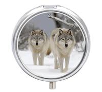 Two Wolves Walking in The Snow Pill Cases Round Pillbox with 3 Compartments Portable Travel Pill Organizer Box Mini Metal Pill Holder and Vitamin Containers for Fish Oil & Supplements