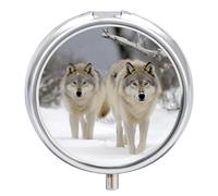 Two Wolves Walking in The Snow Travel Pill Box Case 3 Compartment Cute Pill Organizer Metal Pill Holder with Mirror Small Medicine Organizer Daily Pill Container for Purse Pocket Portable Meds Box
