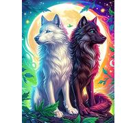 Two Wolves Yin-Yang Art Under The Moon 300 Pcs Jigsaw Puzzles Wildlife Pet Cute Puzzles for Adults Teens Fun Family Game Team Building Stress Reducing Autumn Gift Durable Recycled Material 300 PCS