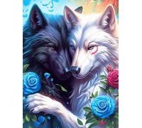 Two Wolves Yin-Yang Art with Roses 300 Pcs Jigsaw Puzzle Bundle Wildlife Pet Cute Family Puzzle Lovers Fun Family Game Mindful Activity Spring Eco Friendly Cardboard 300 PCS