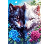 Two Wolves Yin-Yang Art with Roses 500 Pc Classic Jigsaw Puzzle Wildlife Pet Puzzle for Adults Hard Challenging Hobby Home Decor Poster Smooth Wooden Cardboard 500 PCS