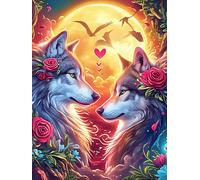 Two Wolves Yin-Yang Art with Roses 500 Piece Jigsaw Puzzle for Adults Wildlife Pet Jigsaw Weekend Parent Activity After Work Stress Relief Vibrant Artwork Home Wall 500 PCS