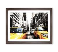 Two Yellow Taxi Cabs In New York In Abstract Modern Art Framed Wall Art Print, Ready to Hang Picture for Living Room Bedroom Home Office Décor, Walnut A3 (46 x 34 cm)