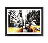 Two Yellow Taxi Cabs In New York In Abstract Modern Art Framed Wall Art Print, Ready to Hang Picture for Living Room Bedroom Home Office Décor, Black A3 (46 x 34 cm)