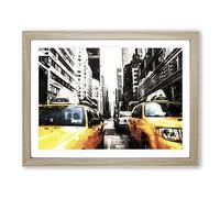 Two Yellow Taxi Cabs In New York In Abstract Modern Art Framed Wall Art Print, Ready to Hang Picture for Living Room Bedroom Home Office Décor, Oak A3 (46 x 34 cm)