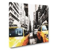 Two Yellow Taxi Cabs in New York in Abstract Modern Canvas Wall Art Print Ready to Hang, Framed Picture for Living Room Bedroom Home Office Décor, 20x20 Inch (50x50 cm)